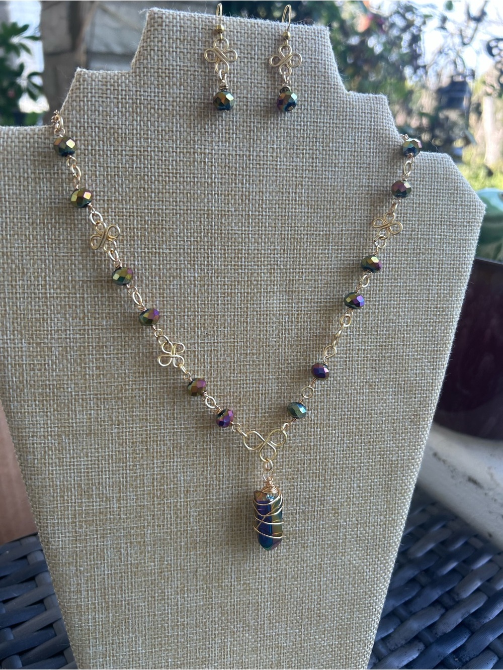 Gold Wire-Wrapped Necklace & Earrings Set with Iridescent Beads OOAK